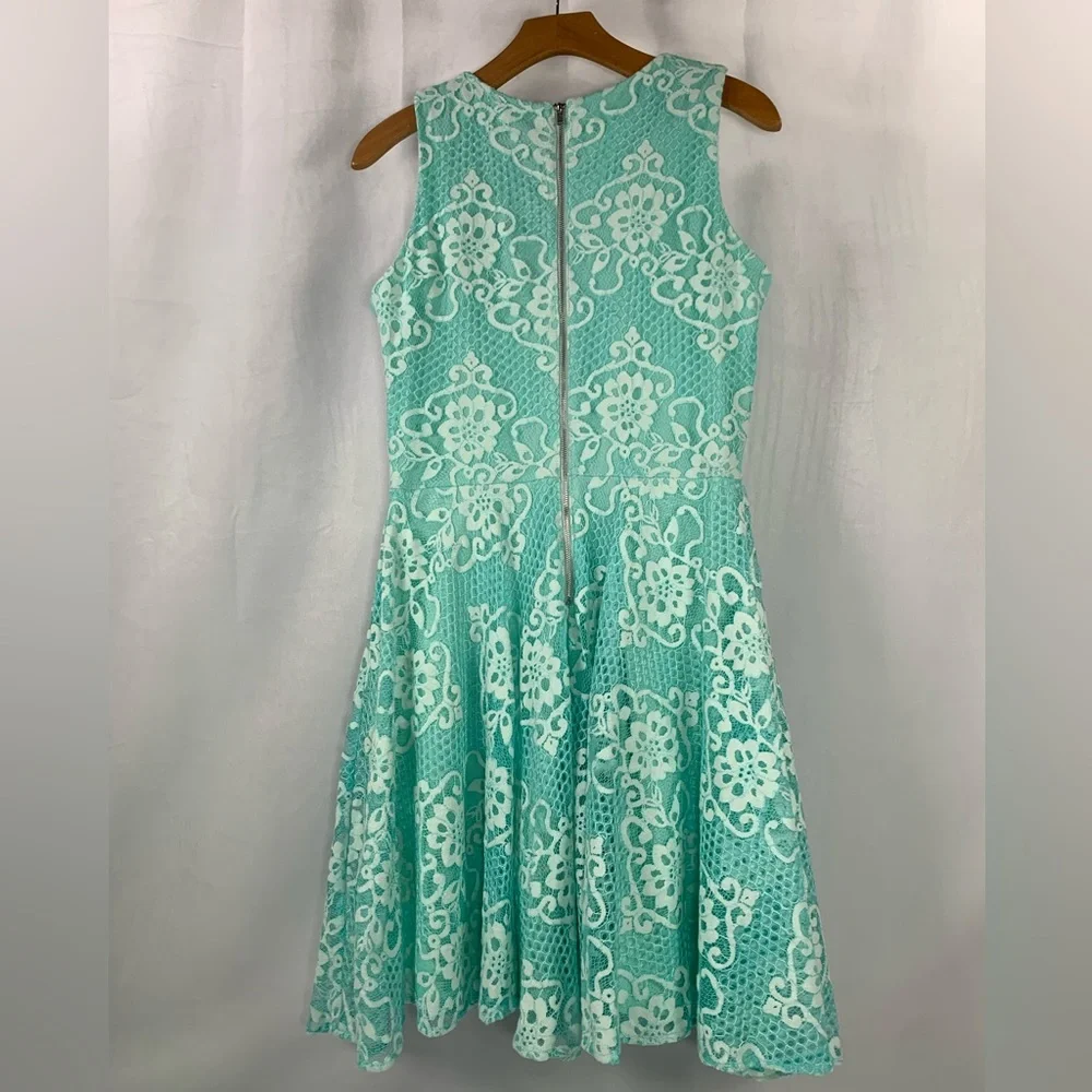 Lace Lined Turquoise White Sleeveless‎ Party Dress Melonie T Women’s Size 8